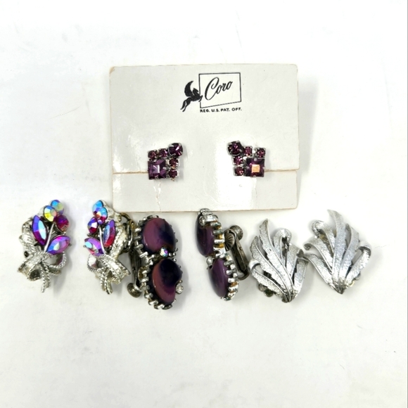 VINTAGE CORO SET OF 4 CLIP ON SCREW BACK EARRINGS PURPLE SILVER WOMEN JEWELRY - Picture 1 of 14